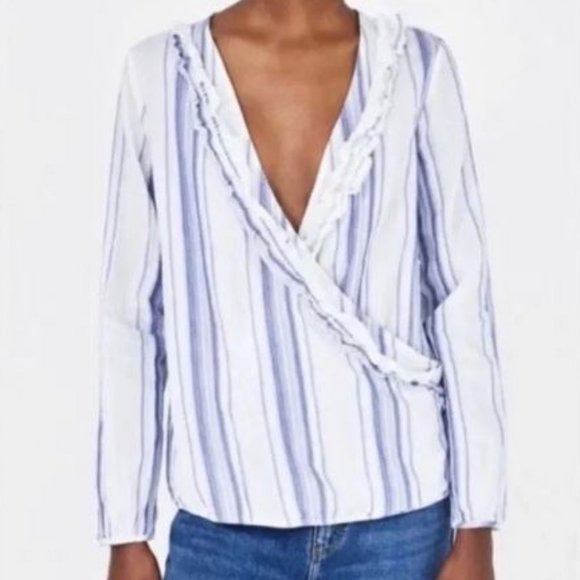 Zara Tops - Zara Ruffle Faux Wrap Long Sleeve Striped Top in White and Blue